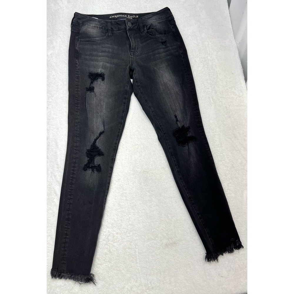 American Eagle Super Low Jegging 8 Black Distressed Raw Hem Super Stretch X4